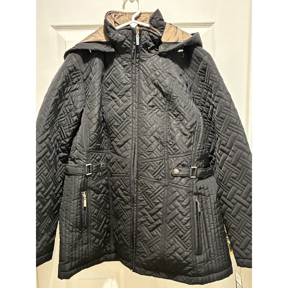 Gallery New York Women Black Quilted Basketweave Jacket Detachable Hood Large